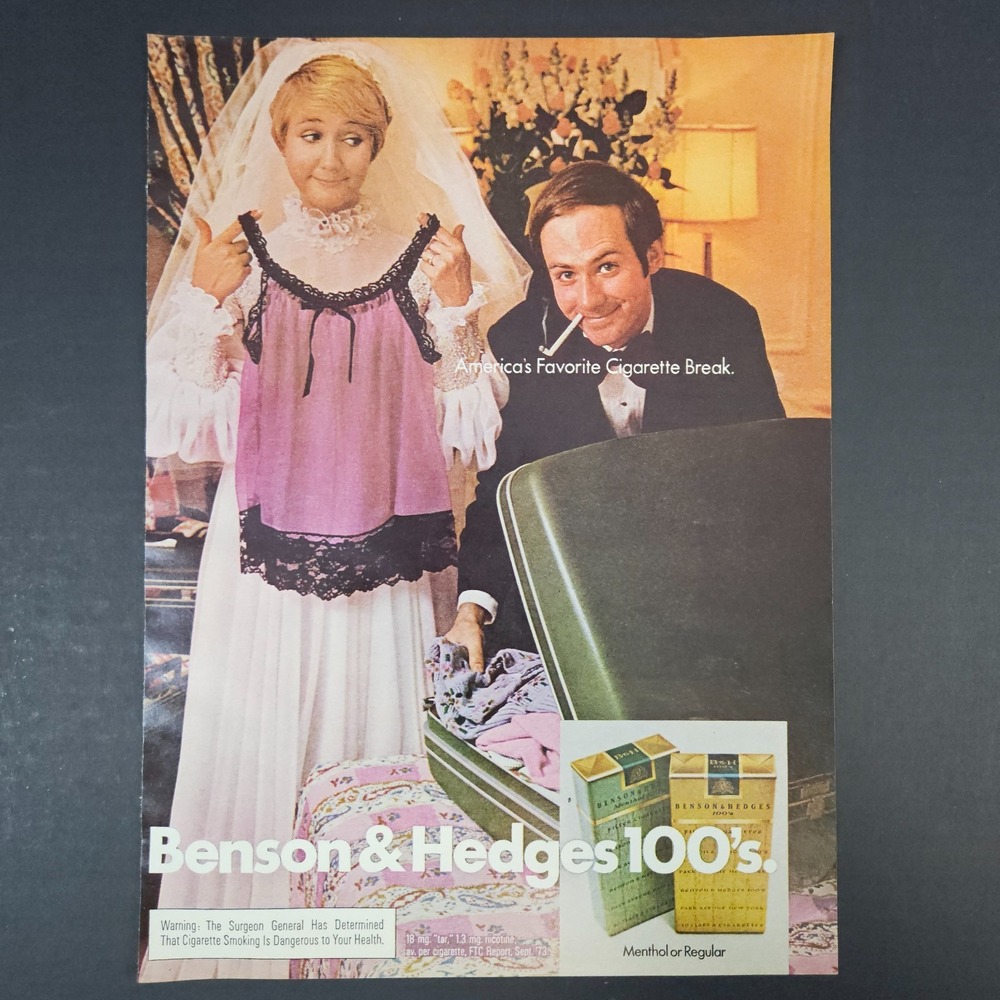 1974 Benson & Hedges 100s Cigarettes Vintage Print Ad Honeymoon Suite Couple